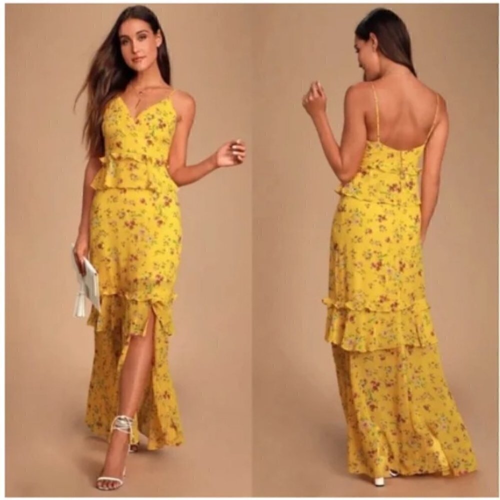 NWT Lulu's Sunshine Bouquet Yellow Floral Print Ruffled Maxi Dress